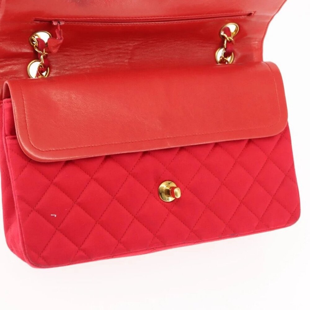 CHANEL Matelasse 25 Double Flap Chain Shoulder Bag Satin Red Gold CC Auth 145843 - Picture 11 of 16